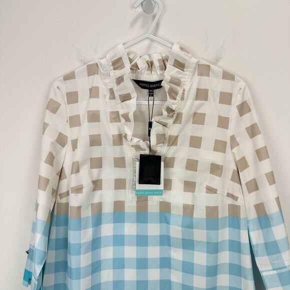 Ming Wang Gingham Ruffle Collar Top Blouse Relaxed Cotton Blue Popover XXS NWT - Picture 4 of 12